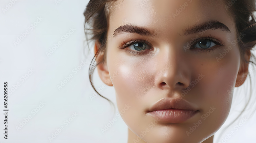 Beauty skincare Facial health Cosmetic advertising Half face portrait of young woman with radiant clean smooth skin isolated on white background empty space : Generative AI Beauty skincare Facial health Cosmetic advertising Half face portrait of young woman with radiant clean smooth skin isolated on white background empty space : Generative AI