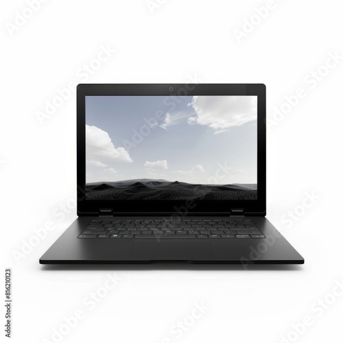 A Lenovo laptop sits dormant with a black screen against a stark white background