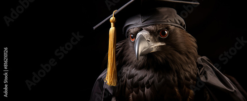 smart raven in graduation cap and gown on a black background with copy space