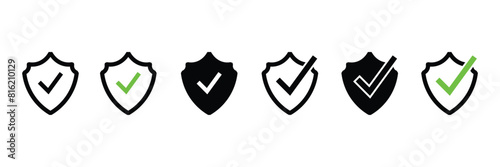 Set of Protection approve sign. Security shield protected icon. Protect shield sign. Defense protect elements. Vector Illustration.