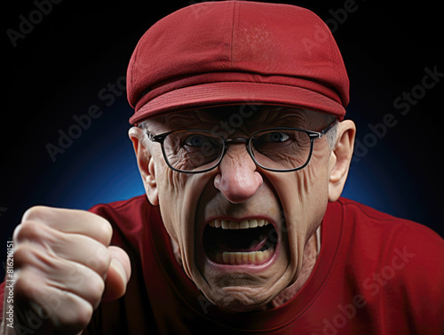 angry, aggressive old man in a red shirt, cap and glasses is screaming while holding his fist.