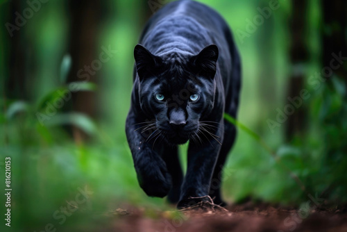 black panther with blue eyes walks through tall grass in the forest