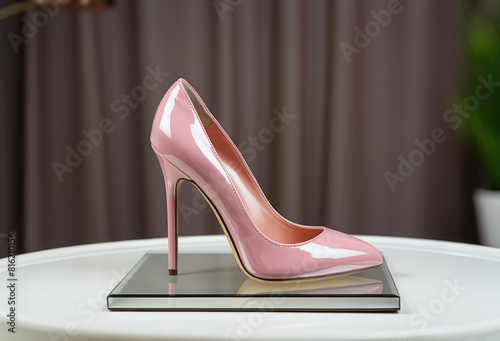pink high heels is displayed on a table