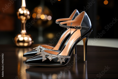 pair of black high heels with embellishments are propped up on a table, luxury party shoes