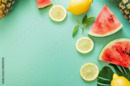 Fresh slices of watermelon, pineapple and lemon on a aqua green background. Summer background.