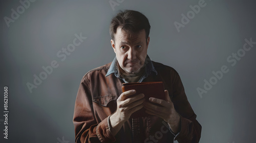 photo of puzzled bankrupt man with wallet bankrupt man with wallet isolated on studio : Generative AI photo