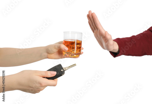 Man refusing alcoholic drink while woman suggesting him car keys and glass of whiskey on white background, closeup. Don't drink and drive concept