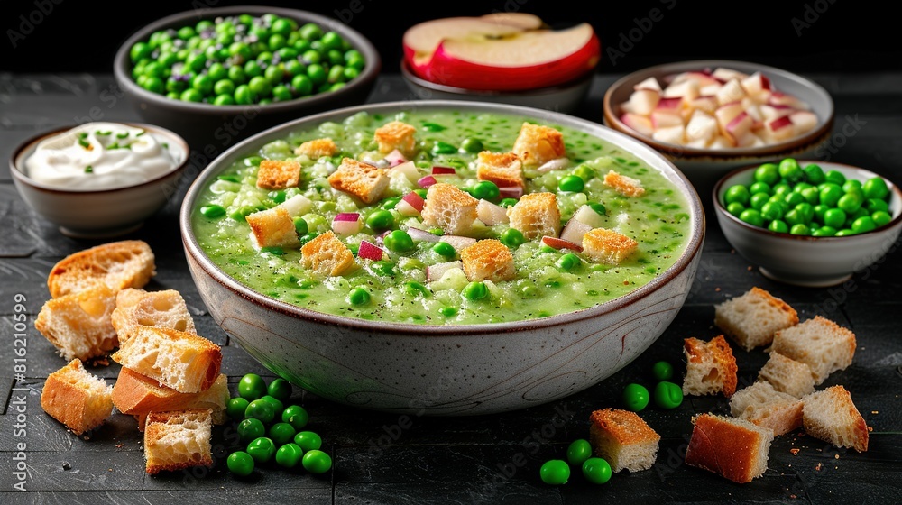 A bowl of soup with peas, croutons, and other bowls of food nearby A bowl of soup with peas, croutons, and other bowls of food nearby