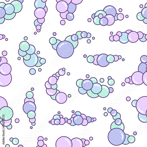 Soap foam set with bubbles. Seamless pattern. Suds of bath, shampoo, shaving, mousse. Cloudy frame and corner. Hand drawn style. Vector drawing. Design ornaments.