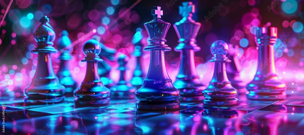 Vibrant Neon Chess League Banner with Digital Chess Pieces and Streaming Data Background Vibrant Neon Chess League Banner with Digital Chess Pieces and Streaming Data Background