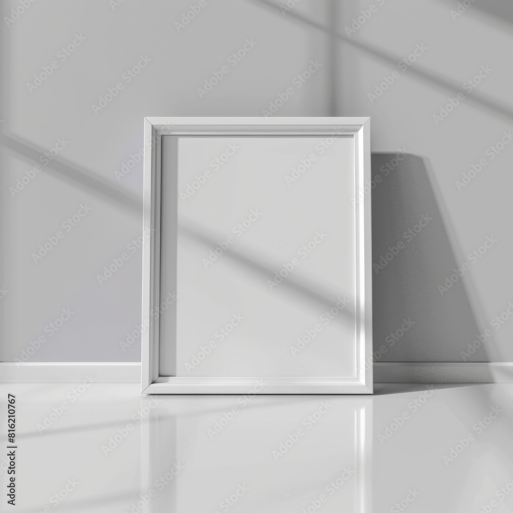 A white picture frame hangs on a white wall A white picture frame hangs on a white wall