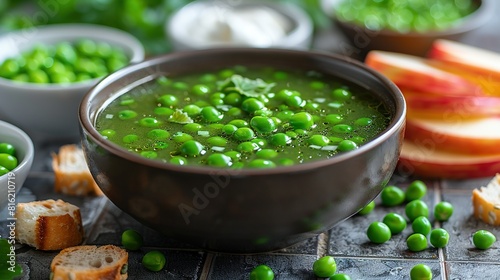  A bowl of peas sits beside sliced bread, with individual green pea bowls on the table