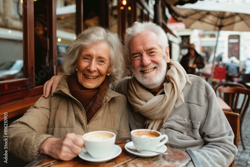 Happy elderly couple smiling and having a warm beverage together on a cozy cafe terrace