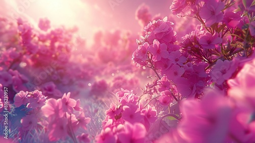  A vibrant field adorned with pink blossoms, bathed in the golden rays filtering through the cloud-laden sky The verdant grass in the foreground complet