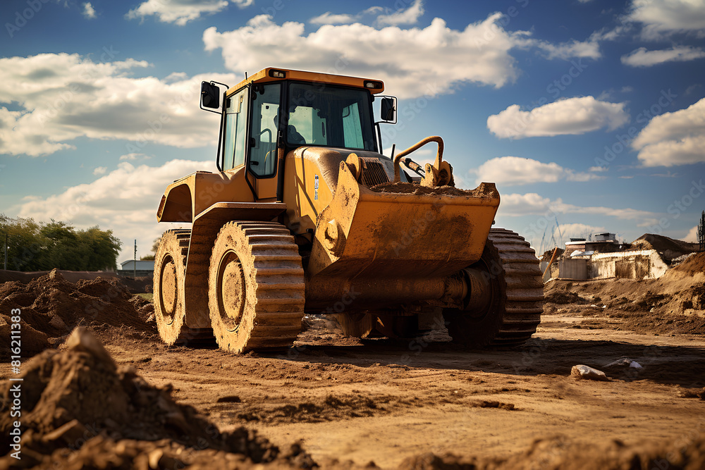 bulldozer at construction site working on soil arrangement bulldozer at construction site working on soil arrangement