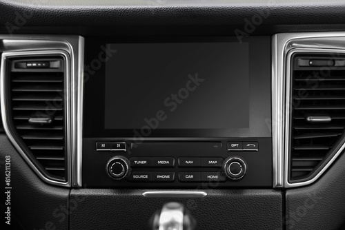 Modern navigation system with screen in car, closeup