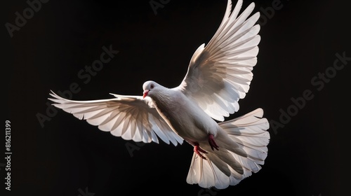 Close up of White Pigeon bird flying Flapping Its Wings Isolated on Black Background. Ai generated