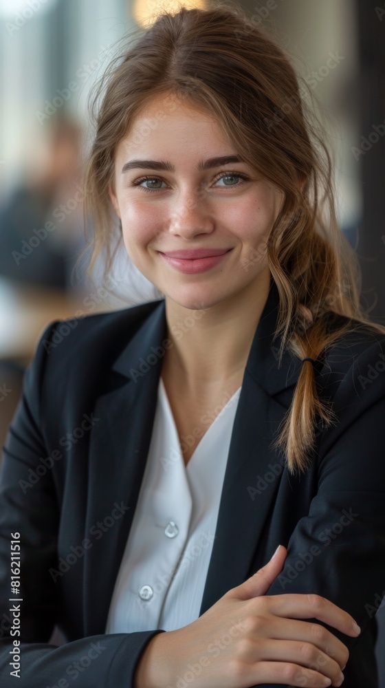 A young woman in a business suit smiling confidently A young woman in a business suit smiling confidently