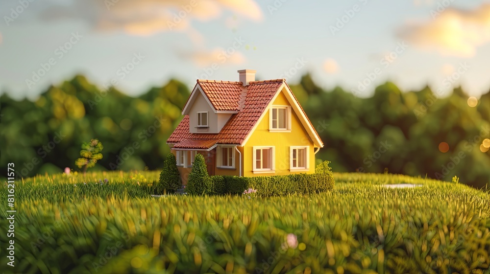 A small yellow house stands on top of a green field under the clear sky. Generative AI A small yellow house stands on top of a green field under the clear sky. Generative AI