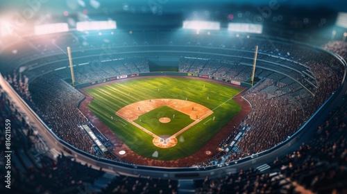 Nighttime Baseball Game at a Fully Packed Stadium, High-Angle View