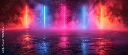 A neon circle on a dark brick wall  street  wet asphalt. Blue and pink neon  smoke  smog. A night view of a neon street. Background of neon light.
