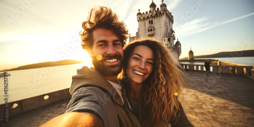 Feliz pareja de jóvenes turistas tomando fotos selfie para su blog de viajes en el horizonte de Lisboa. Torre de Belem. Viajes y aventuras por el mundo en Portugal.