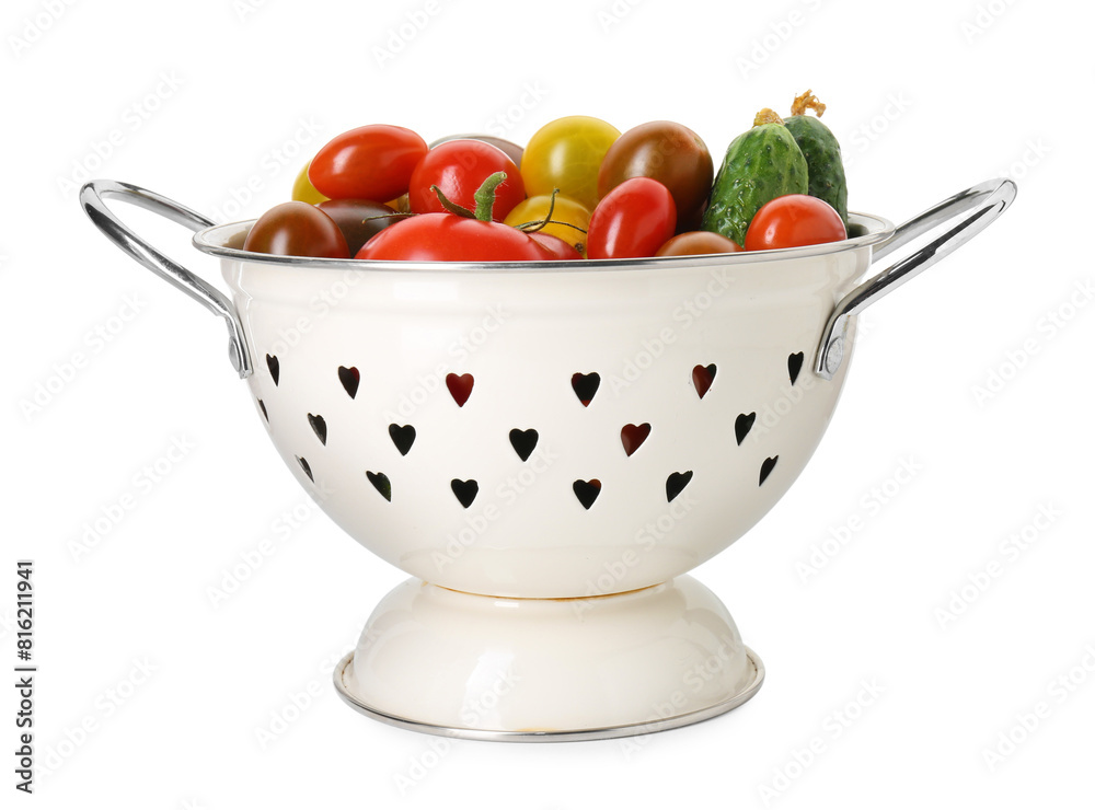 Metal colander with different tomatoes and cucumbers isolated on white Metal colander with different tomatoes and cucumbers isolated on white