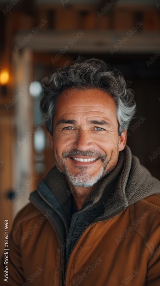 A man in a brown jacket stands smiling in front of a cabin