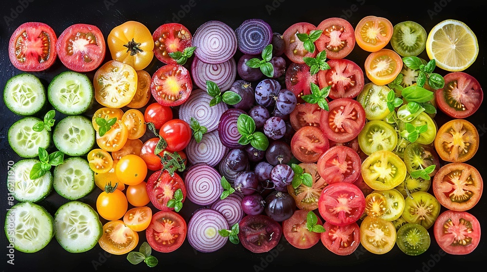 A rainbow of colorful vegetables, including tomatoes, onions, and others, is displayed on a black surface A rainbow of colorful vegetables, including tomatoes, onions, and others, is displayed on a black surface