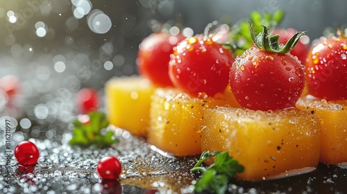  A close-up shot of a plate filled with juicy tomatoes and other delectable food items, placed on a wooden table and adorned with water droplets