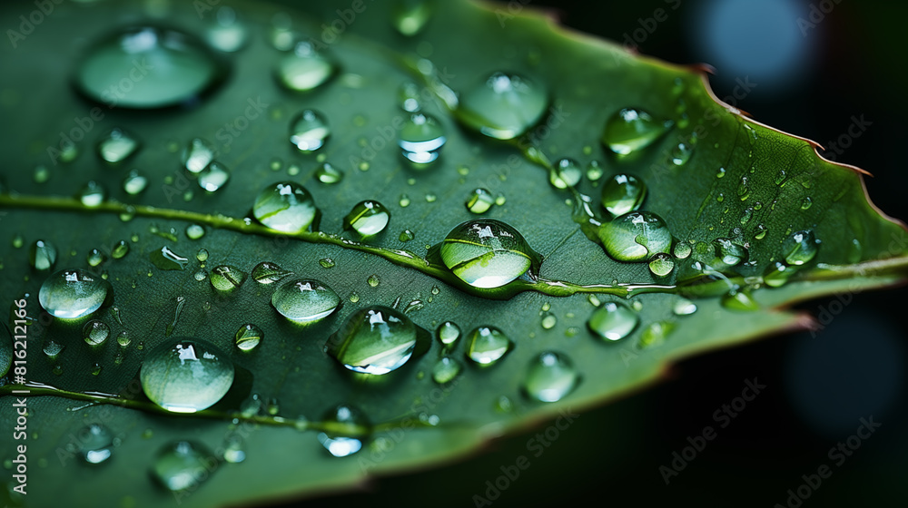 Water drops on green leaf, close up view Water drops on green leaf, close up view