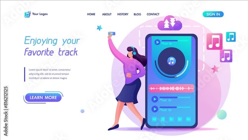 Young teenage girl listens to her favorite music, enjoys music. Flat 2D character. Landing page concepts and web design