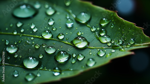 Water drops on green leaf, close up view