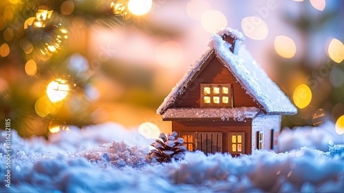 A quaint house covered in snow, adorned with sparkling Christmas lights, creating a festive winter scene. Generative AI