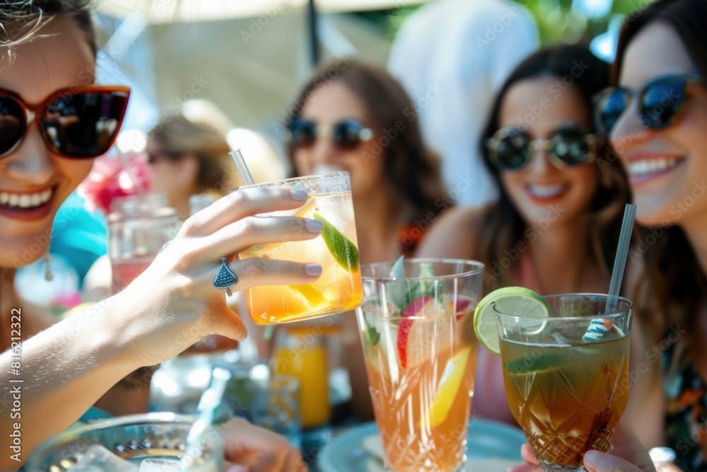 Group of female friends enjoying refreshing cocktails and toasting outdoors in a sunny terrace during a casual socializing event in the summer. Smiling. Laughing Group of female friends enjoying refreshing cocktails and toasting outdoors in a sunny terrace during a casual socializing event in the summer. Smiling. Laughing