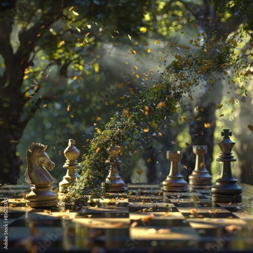 Surreal Chessboard Transformation Where Pieces Dissolve into Nature Elements