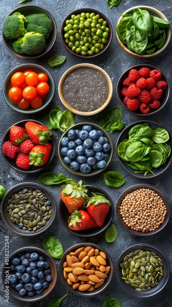Top-down view of various superfood options in bowls showcasing a colorful array of nutrients Top-down view of various superfood options in bowls showcasing a colorful array of nutrients