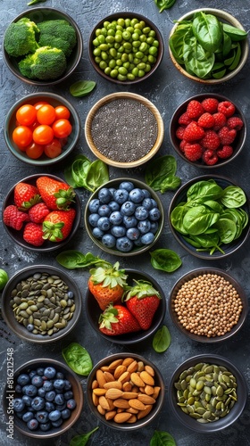 Top-down view of various superfood options in bowls showcasing a colorful array of nutrients