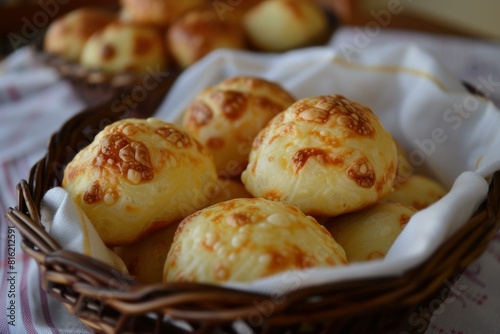 Warm, homemade cheese buns served in a cozy wicker basket