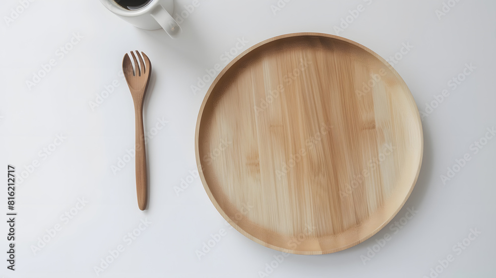 Empty wood plate with spoon fork and coffee cup on white table : Generative AI Empty wood plate with spoon fork and coffee cup on white table : Generative AI
