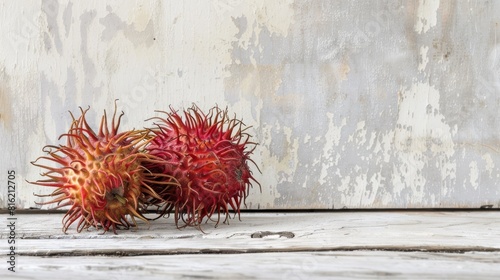 Group of two halves of old brown rambutan on white wood photo