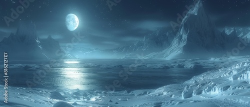 A futuristic landscape with a night sky, cold frozen water, ice, and a dark background.