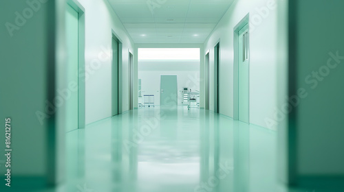 Empty white room seen through green doorway in modern hospital : Generative AI