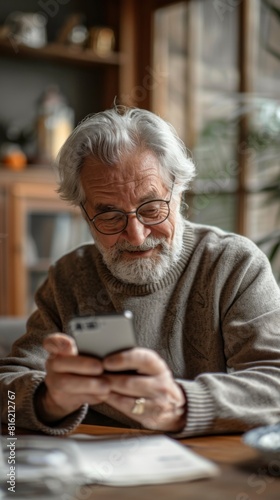 An older man is seated at a table and is concentrating on his phone screen while using it