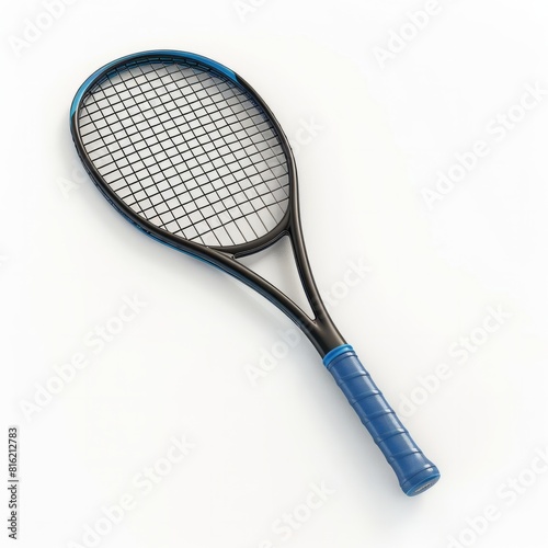A sleek black and blue tennis racket in motion against a white backdrop © Arisctur