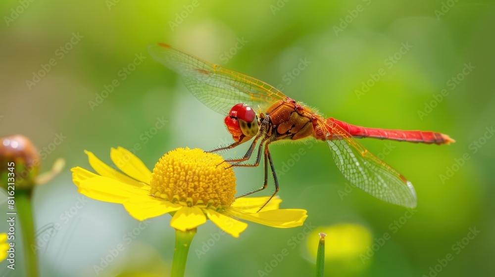 Illustration of a red dragonfly sitting on a yellow flower with a blurred background. Illustration of a red dragonfly sitting on a yellow flower with a blurred background.