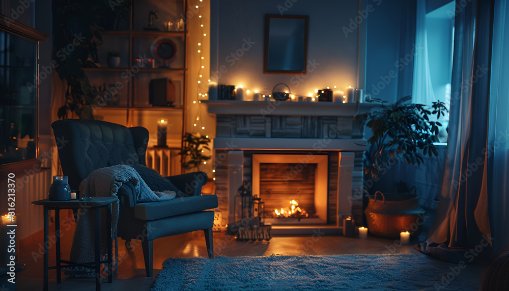 Stylish living room with beautiful fireplace, armchair and different decor at night. Interior design Stylish living room with beautiful fireplace, armchair and different decor at night. Interior design