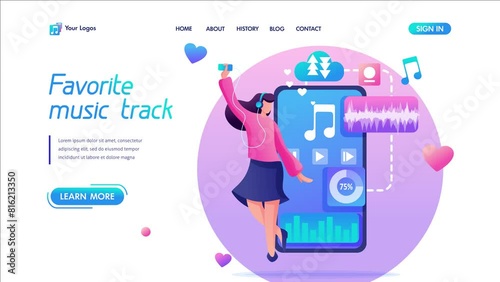 Young teen girl listening to your favorite music on your phone through the mobile app. Flat 2D character. Landing page concepts and web design