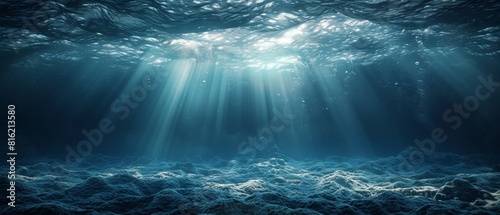 Seabed depth, dark water, gloomy background of 3D illustration of dark, empty natural marine drama.