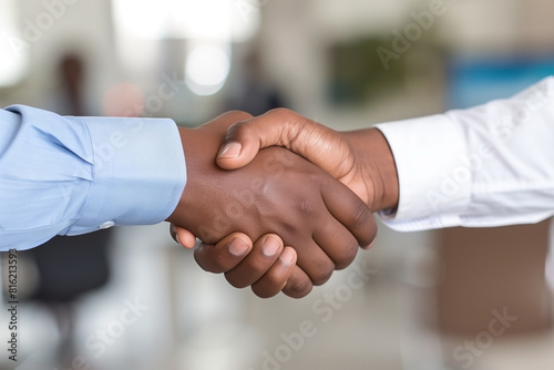 Close-up of a coworker shaking hands in the office.